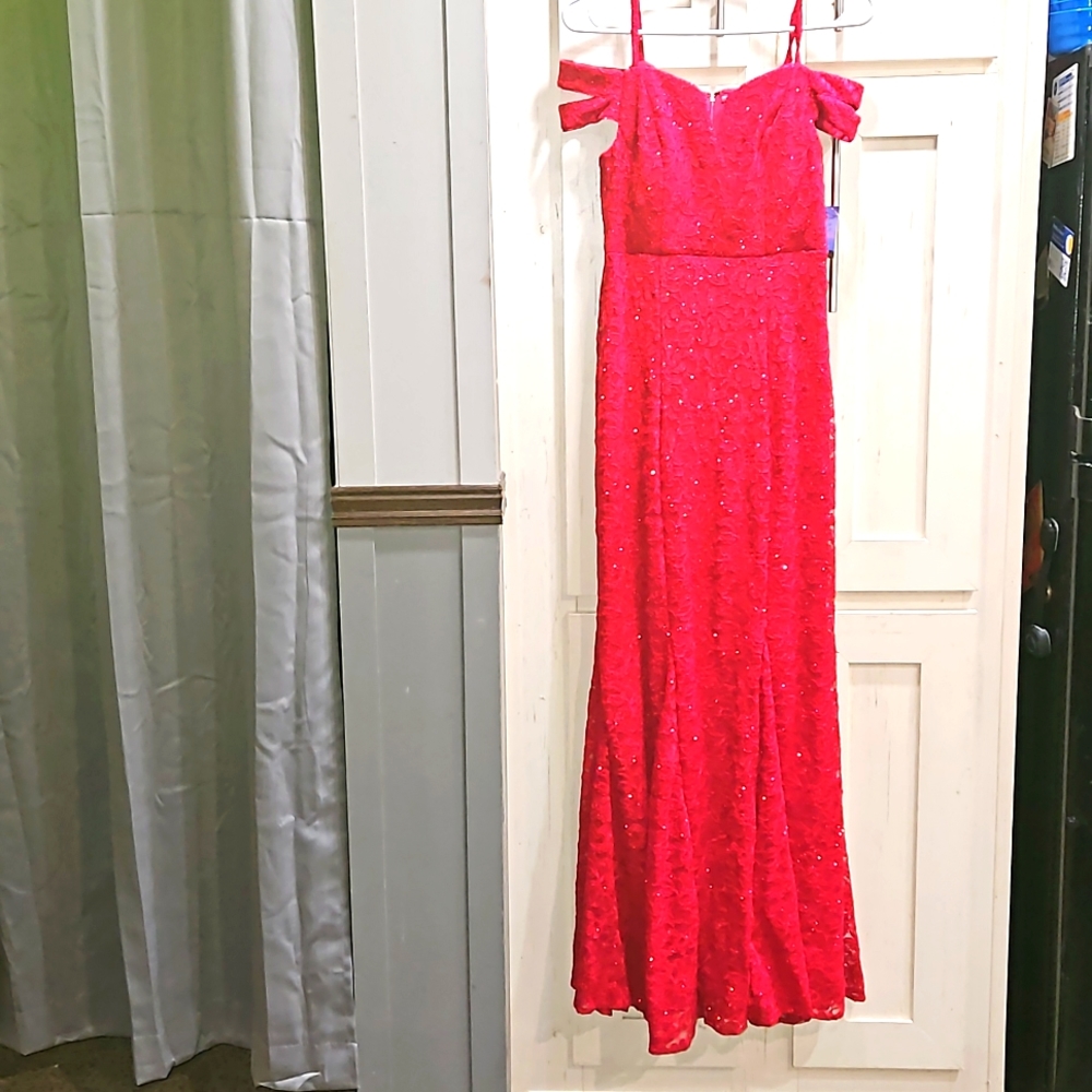 Red Evening gown with off shoulder double strap